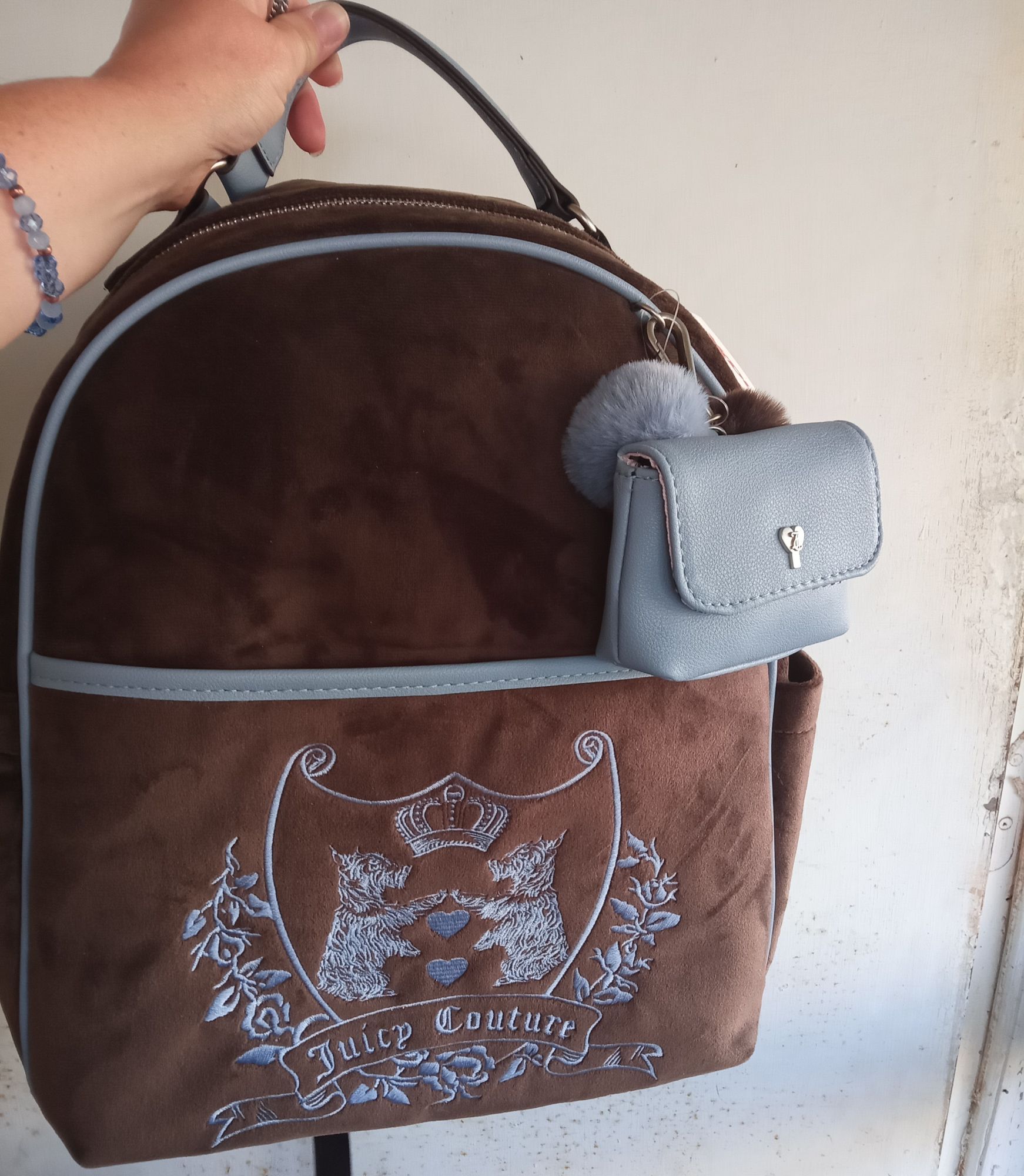 Juicy Couture New Love Chapter Chocolate Brown & Blue Scottie Dog Backpack NWT New Blue Brown Juicy Couture Backpack Purse Scottie Dog  main image 2